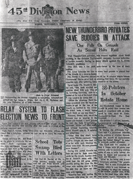 ASV armijas 45. kājnieku divīzijas frontes avīzes "45th Division News" izgriezums ar rakstu par Aivara Kārļa Salenieka varonību kaujā. Koreja, 1952. gada 2. novembris