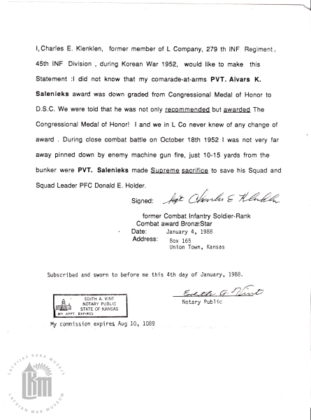 ASV armijas 45. kājnieku divīzijas 279. kājnieku pulka L rotas karavīra  Čārlza Klenklina paziņojums sakarā ar Aivara Kārļa Salenieka apbalvošanu. 1988. gada 4.  janvāris