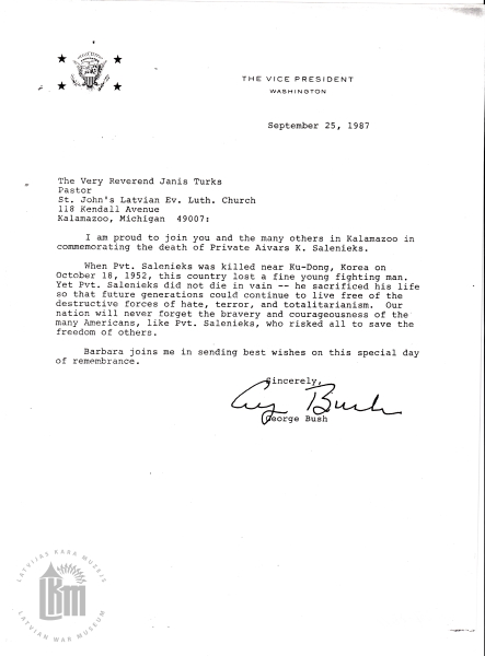 ASV Viceprezidenta Džordža Buša vecākā vēstule mācītājam Jānim Turkam saistībā ar Aivara Kārļa Salenieka un viņa varonīgās rīcības atceri. 1987. gada 25. septembris 